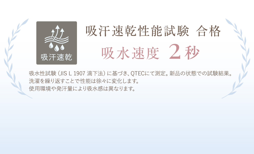 吸汗速乾 吸汗速乾性能試験 合格 吸水速度2秒 吸水性試験（JIS L 1907 滴下法）に基づき、QTECにて測定。新品の状態での試験結果。洗濯を繰り返すことで性能は徐々に変化します。使用環境や発汗量により吸水感は異なります。