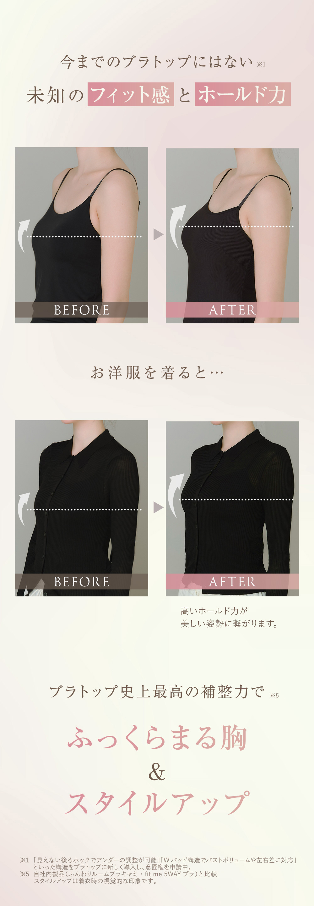 今までのブラトップにはない※1未知のフィット感とホールド力 お洋服を着ると… BEFORE AFTER 高いホールド力が美しい姿勢に繋がります。 ブラトップ史上最高の補整力で※5 ふっくらまる胸＆スタイルアップ ※1 「見えない後ろホックでアンダーの調整が可能」「Wパッド構造でバストボリュームや左右差に対応」といった構造をブラトップに新しく導入し、意匠権を申請中。※5 自社内製品（ふんわりルームブラキャミ・fit me 5WAY ブラ）と比較 スタイルアップは着衣時の視覚的な印象です。