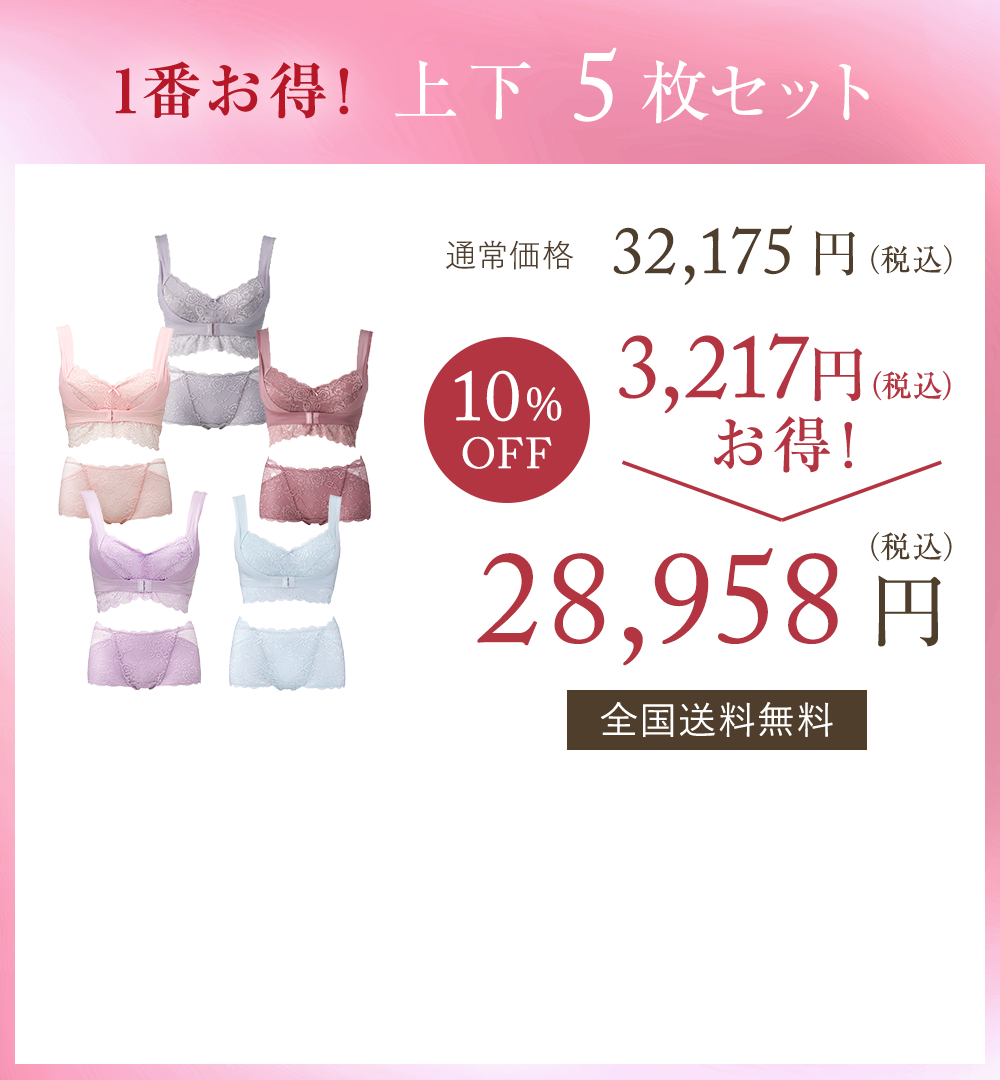 1番お得！上下5枚セット 通常価格32,175円（税込） 10%OFF 3,217円（税込）お得！ 28,958円（税込）全国送料無料