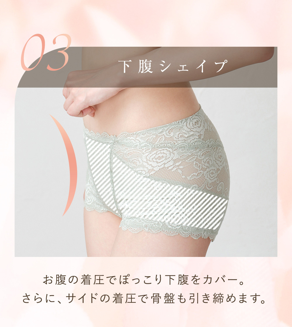 03 下腹シェイプ お腹の着圧でぽっこり下腹をカバー。さらに、サイドの着圧で骨盤も引き締めます。